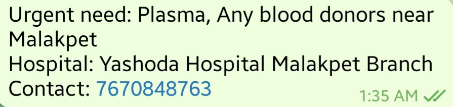 Need B+ve blood near Malakpet