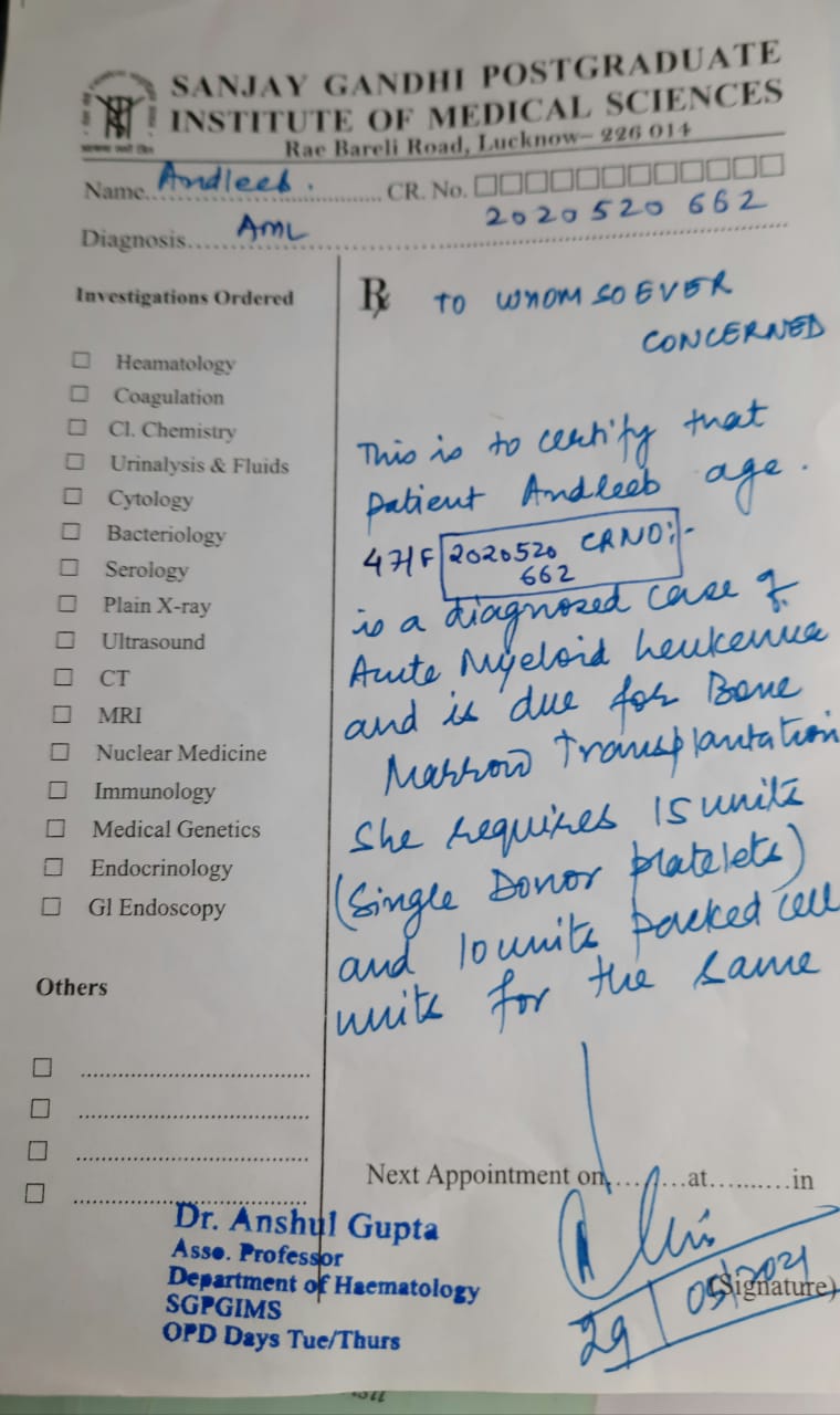 Need O+ve blood near Lucknow